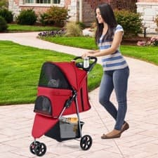 Image of Folding 3 Wheel Pet Stroller Travel Adjustable Canopy Storage Brake Red Pawhut