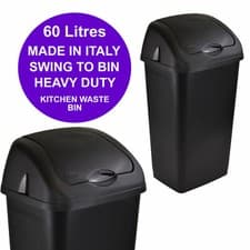 Image of Large 60L Swing Lid Plastic Black Bin Kitchen Waste Rubbish Dustbin Home Office