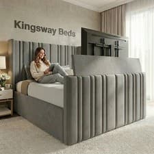 Image of Solara TV Bed Frame Upholstered In Plush Velvet UK With Gas Lift Storage Option
