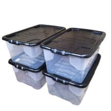 Image of 4 x 42L Clear Storage Box with Black Lid Stackable and Nestable Storage Solution