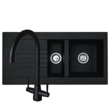 Image of Liquida KAV150BL 1.5 Bowl Composite Black Kitchen Sink And LU408MB Black Tap