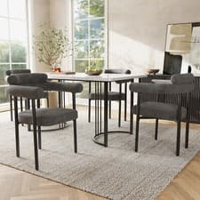 Image of Dining Table and Chairs Set 4, Marble Effect Table with Grey Upholstered Chairs