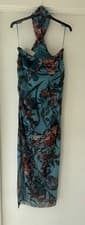 Image of AllSaints Kaih Batu Dress UK 14 Lagoon Blue Floral Midi Halter Bodycon