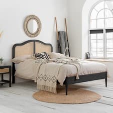 Image of Leonie Rattan Wooden Bed Frame Black & Oak 4ft6 Double, 5ft King, 6ft Super King