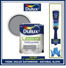 Image of Dulux Quick Dry Natural Slate 750ML Satinwood Wood Metal Paint FREE BRUSH&GLOVES