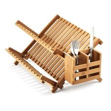 Image of Bamboo Dish Rack Folding 2 Tier Drainer Dish Drying Rack WITH Utensils Holder
