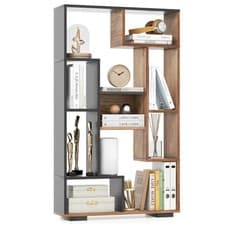 Image of 47in Tall Bookshelf Modern Geometric Open Shelves Wooden Storage Cabinet Home