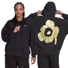 Image of Adidas X Marimekko Boyfriend Hoodie Oversize Hooded Sweatshirt Flower Black Gold