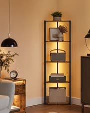 Image of 5 Tier Corner Shelf Bookcase with LED Lights Steel Frame Storage Unit