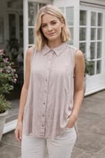 Image of MINT VELVET Shirt Blouse, Neutral Crinkle, Sleeveless. Size M/L. *NEW*. RRP £69
