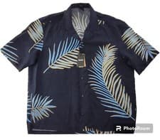 Image of NWT Hugo Boss $135 Lars NAVY BLUE ARTSY PALM FRONDS Camp Shirt Men's XL SOFT