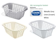 Image of Addis 40L Laundry Rectangular Baskets Linen {Cream } ,White & Metallic Grey