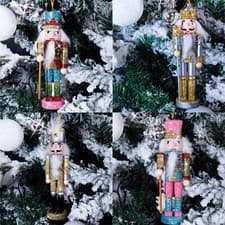Image of Set of 4 Festive Nutcracker Hanging Christmas Tree Glitter Decoration Bauble