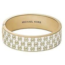 Image of NEW MICHAEL KORS GOLD TONE,WHITE MONOGRAM HINGE BANGLE BRACELET MKJ3542