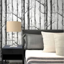 Image of White Black Frosted Wood Wallpaper Cool Tone Birch Tree Branch Wall Decor