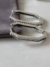 Image of Sterling Silver Huggie Hoop Earrings CZ Pave Rectangle Minimalist Dainty hoops