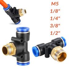Image of Pneumatic Tee T piece male Stud to hose tube inline push fit connector air line