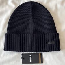 Image of HUGO BOSS $79 Men's Fati BEANIE Logo-plaque hat wool Ribbed Cuff Dark BLUE NWT
