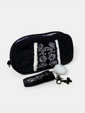 Image of Anna Sui Cosmetic Pouch Set Black Purple Floral Embroidery Butterfly Charm NEW