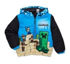 Image of Minecraft Boys Puffer Jacket Size 4 Winter Coat Hooded Kids Creeper Steve Zombie