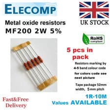 Image of 2W Metal film Resistors 5% All Values(1R-1K-1M) 5 in Pack Free P&P UK stock