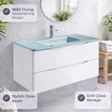 Image of 900mm Wall Mounted Vanity Unit White Gloss 2 Drawer Bathroom Sink Cabinet Basin