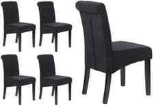 Image of 4 x Velvet Dining Chairs Button detail Scroll top Beige Grey Blue Back wood legs