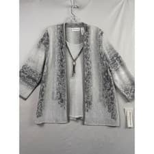 Image of Alfred Dunner Cardigan Set Women XL Grey Silver New Metallic Ombre 2pc Necklace