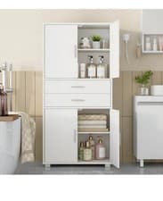 Image of White Kitchen Bathroom Cabinet Tall Storage 4 Doors 2 Drawers Adjustable Shelves