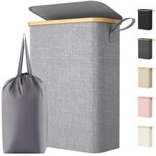 Image of 50L Slim Laundry Basket with Lid Narrow Laundry Bin with Removable Bag & Bamboo