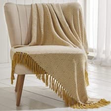 Image of Mustard Ochre Yellow White Sofa Chair Couch Throw 130x170cm 100% Cotton Tassels