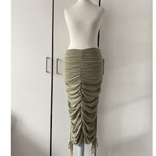 Image of Urban Outfitters Green Ruched Mesh Midi Skirt Size XXS Side Slits Drawstring