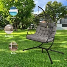 Image of Garden Double Hanging Egg Chair with Stand Outdoor Rattan Foldable Swing Seat