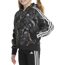 Image of Adidas Girls Zip-Front Essential 3-Stripe Fleece jacket Black Camo Size M