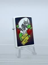 Image of Genuine WHITE MATTE ZIPPO Lighter TATTO STYLE LOVE HATE SKULL 28859 BNIB