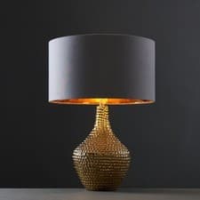 Image of Gold Hammered LED Table Lamp Large Living Room Lounge Light Fabric Shade & Bulb