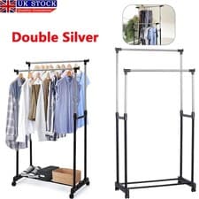 Image of ADJUSTABLE MOBILE CLOTHES COAT GARMENT HANGING RAIL RACK STORAGE STAND ON WHEELS