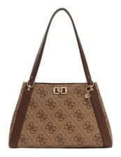 Image of GUESS Karnilla Logo Girlfriend Carryall Latte Logo / Brown
