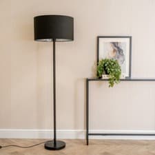 Image of Black Stem Floor Lamp Black & Chrome Drum Lampshade Living Room Light LED Bulb