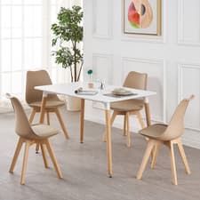 Image of White Halo Dining Table & Set of 4 Lorenzo Jamie Tulip Dining Chairs with Padded