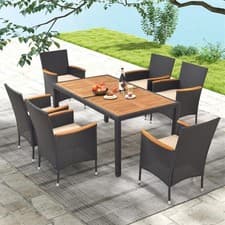 Image of 6 Seater Rattan Garden Furniture Set Wooden Dining Table Chairs Cushions Outdoor