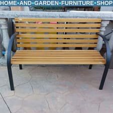 Image of 2 Seater Garden Bench Metal Legs Wooden Slatted Seat Backrest Patio Chair Bench