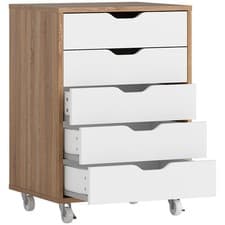 Image of Vinsetto Five-Drawer Filing Cabinet, with Wheels - Oak Brown