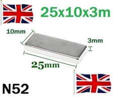 Image of 25x10x3mm N52 Neodymium Magnet Thin Rectangular Bar Magnet (various pack size)