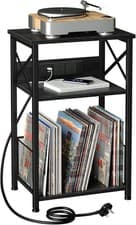 Image of Record Player Stand with Charging Station, 3-Tier Bedside Table with Storage Cab
