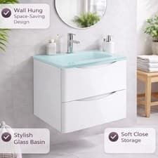 Image of 600mm White Wall Hung Vanity Unit White Glass Basin Bathroom Cabinet