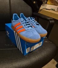 Image of Adidas Gazelle focus blue & orange trainers. UK 2.5. New in box
