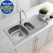 Image of Stainless Steel Kitchen Sink Inset 1.5 Bowl Reversible Drainer + FREE Wastes