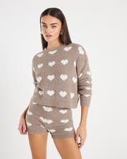 Image of River Island Womens Jumper & Shorts Set 2 Piece Brown Fluffy Heart Sweater