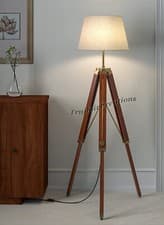 Image of Tripod Floor Lamp Standing Wooden Brown Polished Brass Antique Gold Adjustable